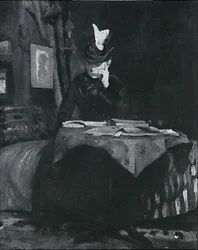 Dama leyendo en la mesa